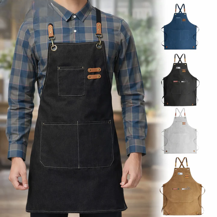 Canvas Work Apron with Cross Straps and Multiple Pockets