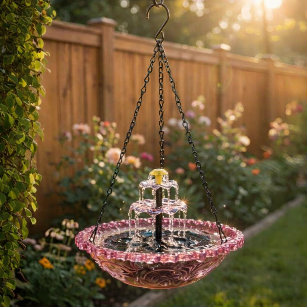 Solar-Powered Hanging Bird Bath with Fountain – Two-Tiered