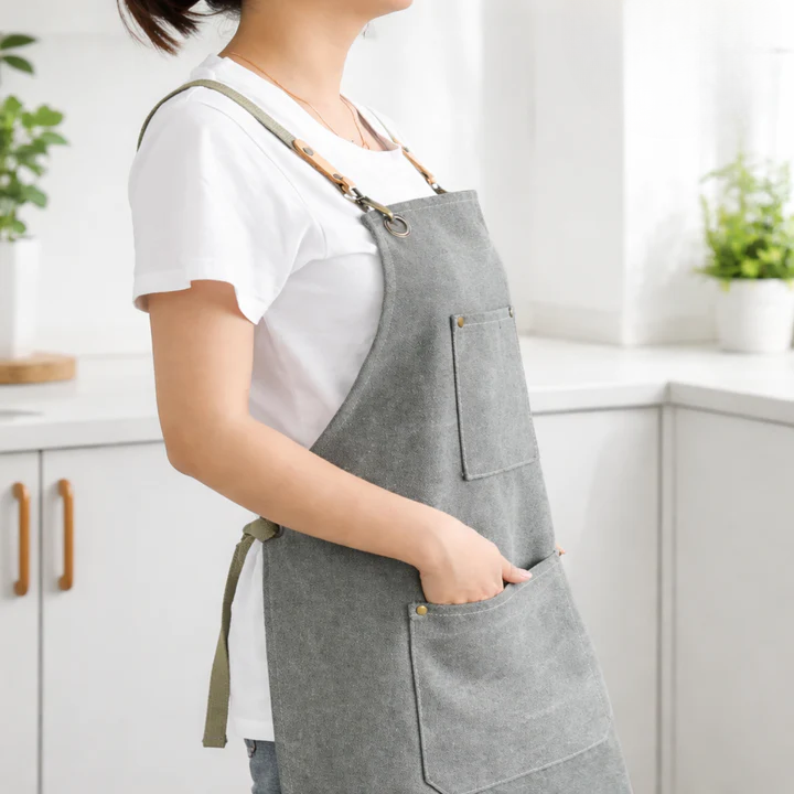 Canvas Work Apron with Cross Straps and Multiple Pockets