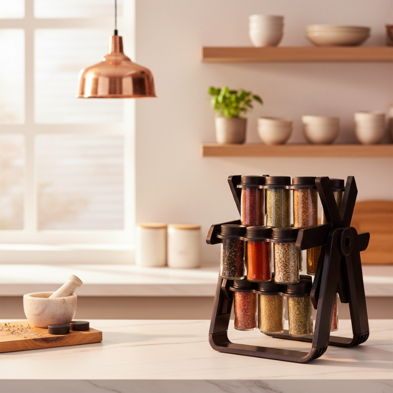 Rotating Spice Rack with 18 Glass Jars – 360° Access, Compact Design