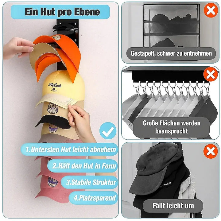 Cap Organizer for the Wall – 10 Caps at Hand, No More Crumpled Brims