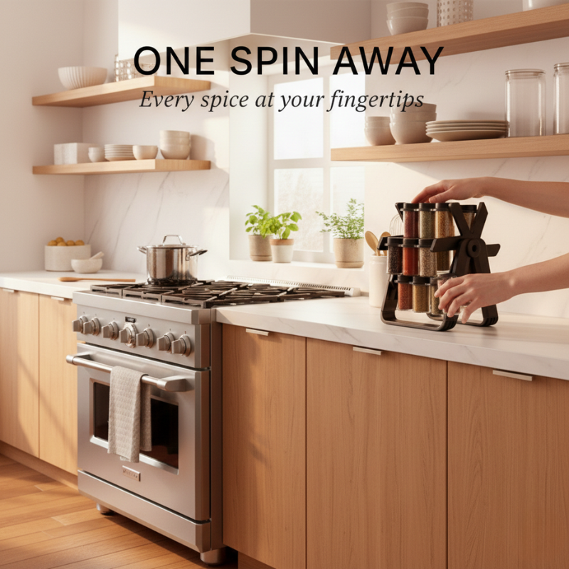 Rotating Spice Rack with 18 Glass Jars – 360° Access, Compact Design