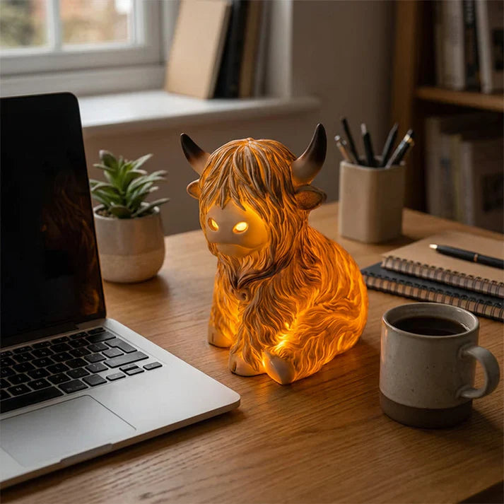 Highland Cow Night Light Made of Resin – Decorative Lamp with Warm Amber Light